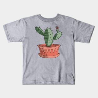 Green Cactus Succulent in Orange Pot Hand Drawn Line Art Kids T-Shirt